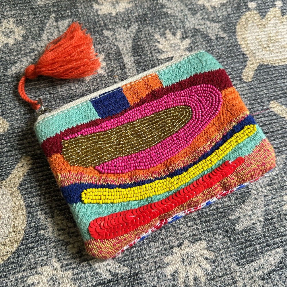 America & Beyond Multicolor Embroidered Beaded Mini Pouch
